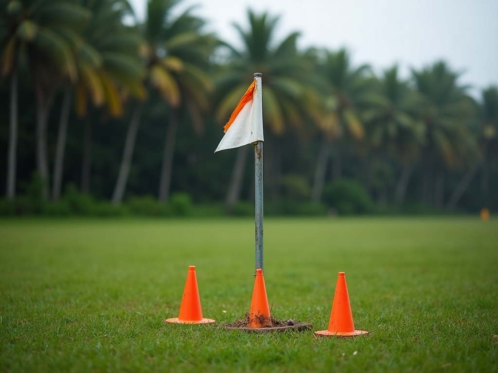 Orange wind sock and white ground markers on cut grass at a temporary helicopter landing area in Bali
