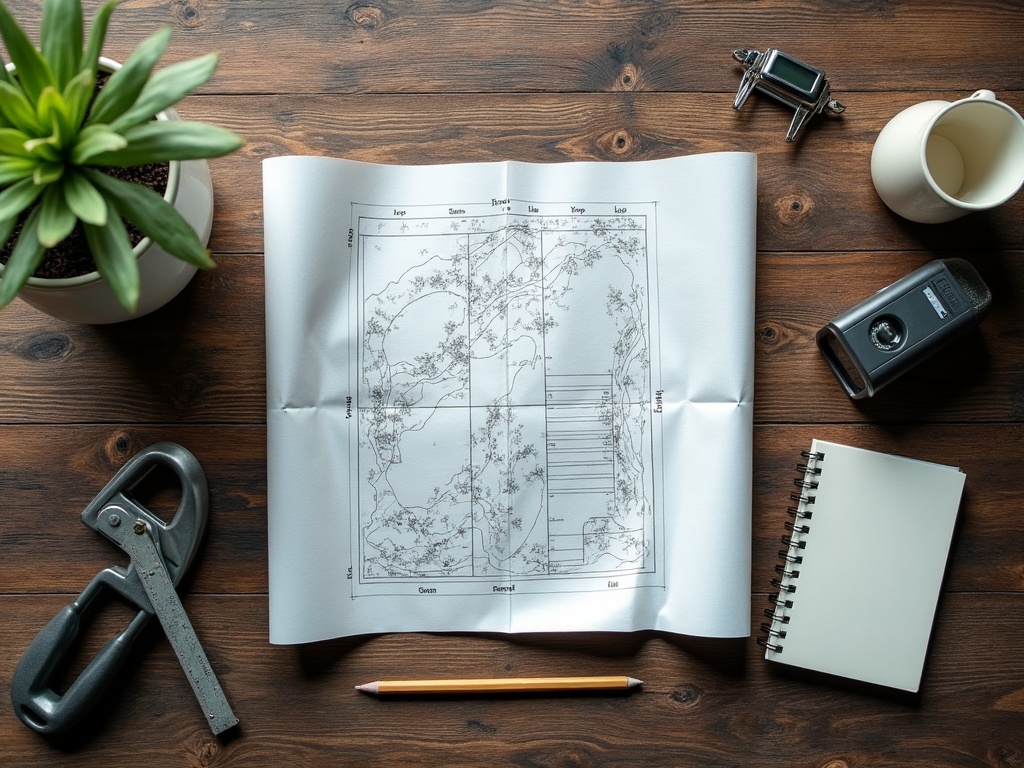 Measuring wheel, laser rangefinder and a blank helipad site plan laid out on a wooden table