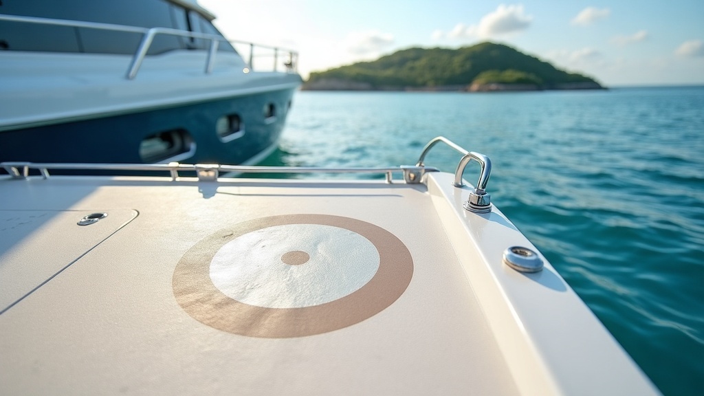 Circular helideck marking on the aft deck of a motor yacht at anchor in calm tropical water