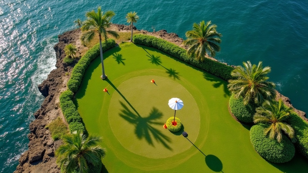 Aerial top-down view of a marked temporary helicopter landing area on a clifftop lawn in Bali with ground cones and a wind sock